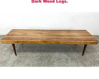 Lot 298 Modern Slat Bench Table. Tapered Dark Wood Legs.