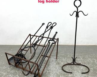 Lot 275 Modernist iron fire tools and log holder