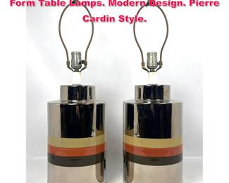 Lot 199 Pr Silver Metallic Striped Column Form Table Lamps. Modern Design. Pierre Cardin Style.