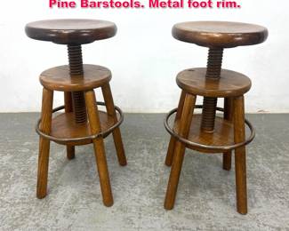 Lot 338 Pair Vintage Mid Century Corkscrew Pine Barstools. Metal foot rim.