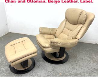 Lot 522 2pc LANE Leather Reclining Lounge Chair and Ottoman. Beige Leather. Label.
