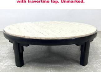 Lot 259 Dunbar style round cocktail table with travertine top. Unmarked.