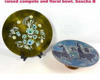 Lot 36 2pc enamel on copper. One horse raised compote and floral bowl. Sascha B