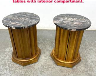 Lot 389 Pair Marble top Column form side tables with interior compartment.