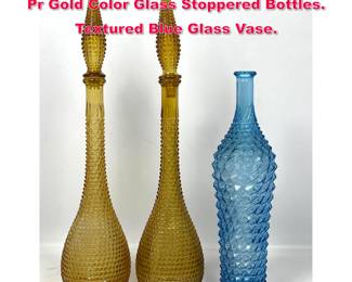 Lot 402 3pc Textured Colored Glass Bottles. Pr Gold Color Glass Stoppered Bottles. Textured Blue Glass Vase.