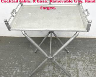 Lot 271 Vintage Aluminum folding Tray Cocktail table. X base. Removable tray. Hand Forged.