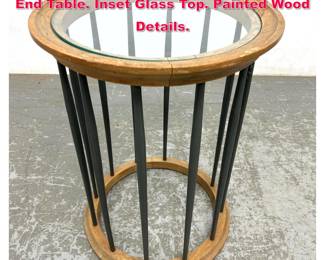 Lot 143 Drexel style MCM Glass Top Side End Table. Inset Glass Top. Painted Wood Details.