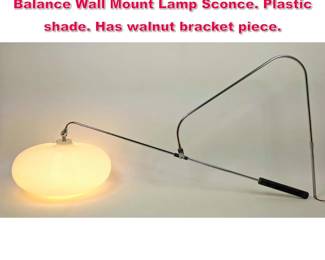 Lot 226 Mid Century Modern Counter Balance Wall Mount Lamp Sconce. Plastic shade. Has walnut bracket piece.