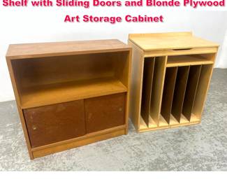 Lot 569 2pcs Mid Century Modern. Pine Shelf with Sliding Doors and Blonde Plywood Art Storage Cabinet
