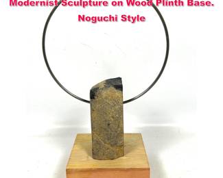 Lot 69 Abstract Stone Pillar and Iron Modernist Sculpture on Wood Plinth Base. Noguchi Style