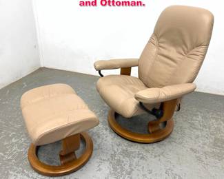 Lot 421 Tan Leather EKORNES Recliner and Ottoman.