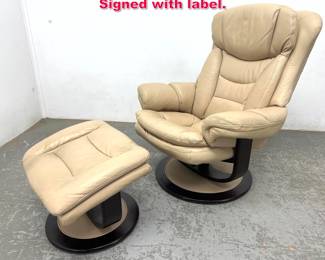 Lot 524 LANE Leather recliner and Ottoman. Signed with label.