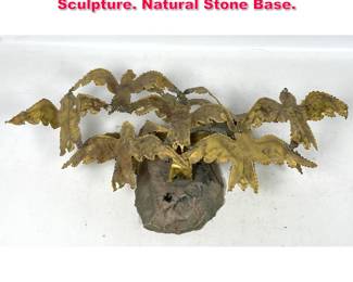 Lot 131 Brutalist Brass Birds in Flight Sculpture. Natural Stone Base.