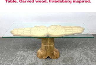 Lot 10 Rustic Double Hand Pedestal Console Table. Carved wood. Friedeberg inspired.
