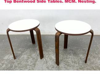 Lot 341 Pr Alvar Aalto style White Laminate Top Bentwood Side Tables. MCM. Nesting.