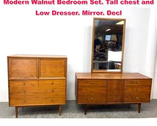 Lot 202 3pc DREXEL Kipp Stewart American Modern Walnut Bedroom Set. Tall chest and Low Dresser. Mirror. Decl