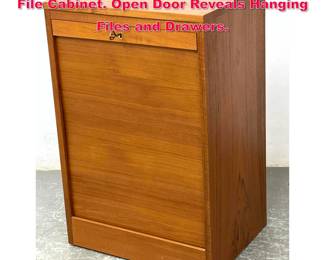 Lot 393 Danish Modern Teak Tambour Door File Cabinet. Open Door Reveals Hanging Files and Drawers.