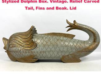 Lot 103 Carved Wood Polychrome Painted Stylized Dolphin Box. Vintage. Relief Carved Tail, Fins and Beak. Lid