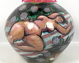 Lot 76 McCarthy 85 Art Pottery Vase Nudes Picnic Artist Signed.
