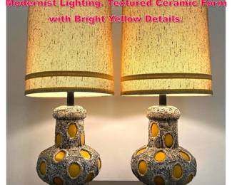 Lot 177 Pr PIER Brutalist Table Lamps. Modernist Lighting. Textured Ceramic Form with Bright Yellow Details.