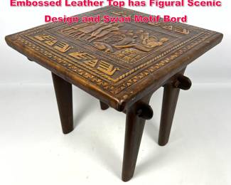 Lot 3 Angel Pazmino Stool Table. Tooled Embossed Leather Top has Figural Scenic Design and Swan Motif Bord