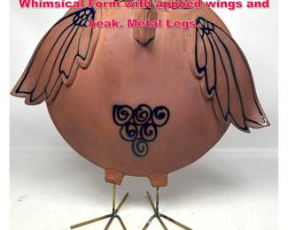 Lot 45 Bulbous Terracotta Bird Sculpture. Whimsical Form with applied wings and beak. Metal Legs.