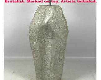 Lot 365 Heavy solid Stone table lamp. Brutalist. Marked on top. Artists Initialed.