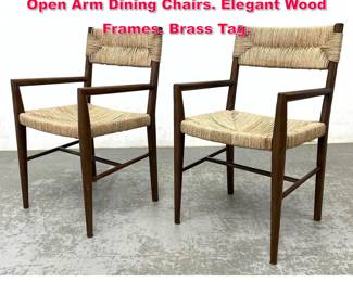 Lot 452 Pr SERENA and LILY Twisted Rush Open Arm Dining Chairs. Elegant Wood Frames. Brass Tag.