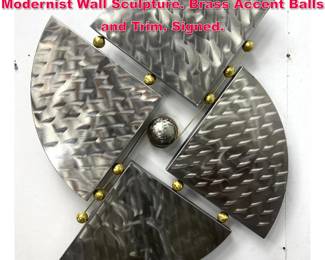 Lot 361 1998 Signed C JERE Stainless Modernist Wall Sculpture. Brass Accent Balls and Trim. Signed.