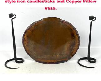 Lot 189 3pc Tablewares Lot. Lance Cloutier style iron candlesticks and Copper Pillow Vase.