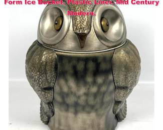 Lot 52 PEWTERTONE Pewter Figural Owl Form Ice Bucket. Plastic Liner. Mid Century Modern.