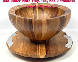 Lot 71 2pc NAMBE Large Staved Wood Bowl and Under Plate Tray. Tray has 2 stainless utensils. Marked.
