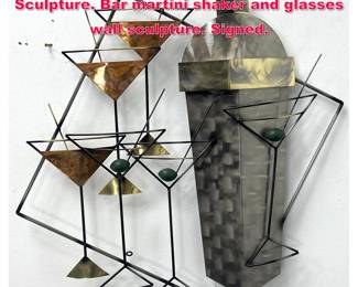 Lot 219 C JERE 1999 Decorator wall Sculpture. Bar martini shaker and glasses wall sculpture. Signed.