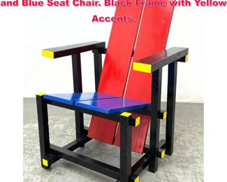Lot 156 Gerrit Rietveld Style Bauhaus Red and Blue Seat Chair. Black Frame with Yellow Accents.