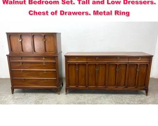 Lot 376 2pc DETROIT American Modern Walnut Bedroom Set. Tall and Low Dressers. Chest of Drawers. Metal Ring