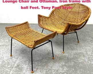 Lot 510 Mid Century Modern Woven Rattan Lounge Chair and Ottoman. Iron frame with ball Feet. Tony Paul Style