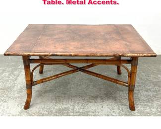 Lot 64 Bamboo and Tooled Leather Dining Table. Metal Accents.