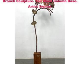Lot 535 SEGAL 76 Mixed Metal Owl on Branch Sculpture. Tall Wood Column Base. Artist Signed.
