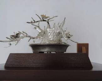 JAPANESE STERLING PLUM TREE WITH GLASS DISPLAY CASE