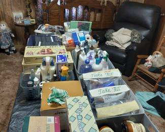 double headboard and bed frame, lift chair, table lamp, miscellaneous household goods