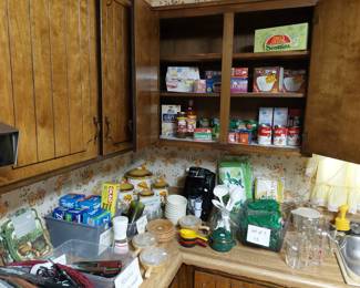 kitchen dishes, utensils, food items