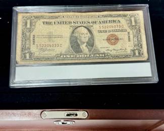 1934 emergency issue brown seal silver certificate Hawaii stamped reverse. In Rosewood keyed box.