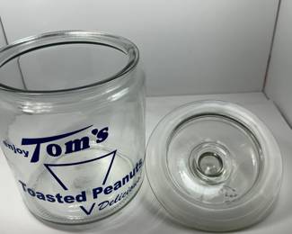 tom’s toasted peanuts original glass display jar with glass handled lid circa 1950s