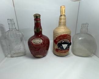 CHIVAS REGAL CERAMIC COLLECTOR BOTTLE MADE IN ABERDEEN SCOTLAND, PROHIBITION ERA KINGS RANSOM BOTTLE STAMPED, CUSTOM MEXICAN HEMP WRAP POLITICAL AD BOTTLE,  AND TRUST BROS FAMOUS BOTTLE.