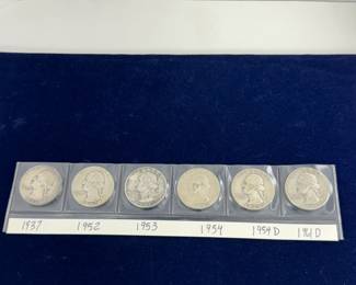 Collection of six Washington silver quarters. some key dates