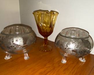 Round Flower frog glassware and yellow MCM wavy vase