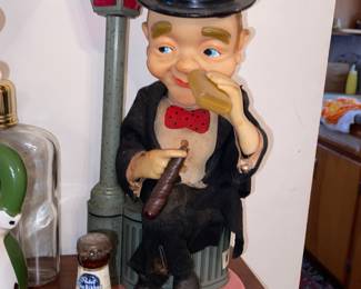 Battery op top hat cigar smoking/ flask drinking man