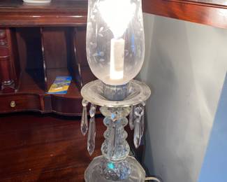 1 of a pair of glass lamps with hanging crystals and glass shades