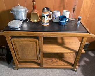 MCM rolling bar cart with top that slide and folds open to extend serving counter space