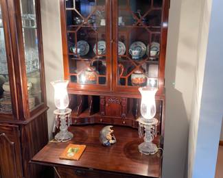 Fold down desk secretary with glass door display case and storage -packed with storage cubbies and drawers below